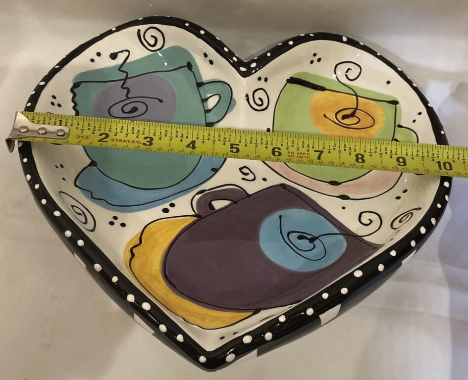 Joanne Delomba W/ Love For Lotus Serving Heart Shaped Dish Black Rim White Dots