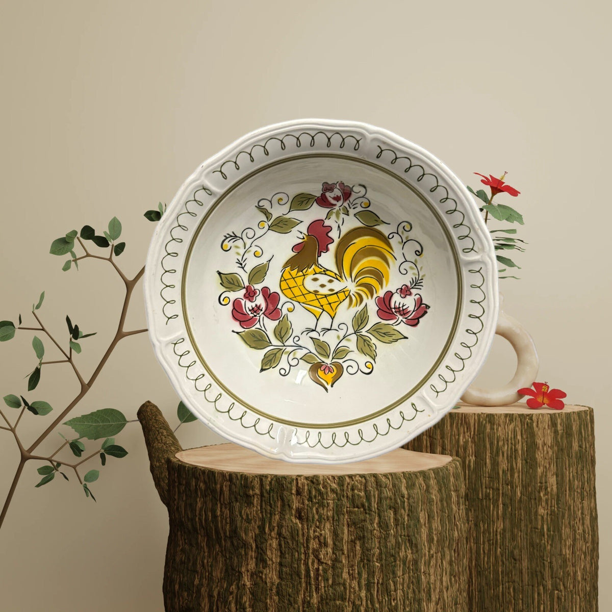 Mikasa Serving Bowl HERITAGE Round Terra Stone 7125 Japan Rooster Oven Proof
