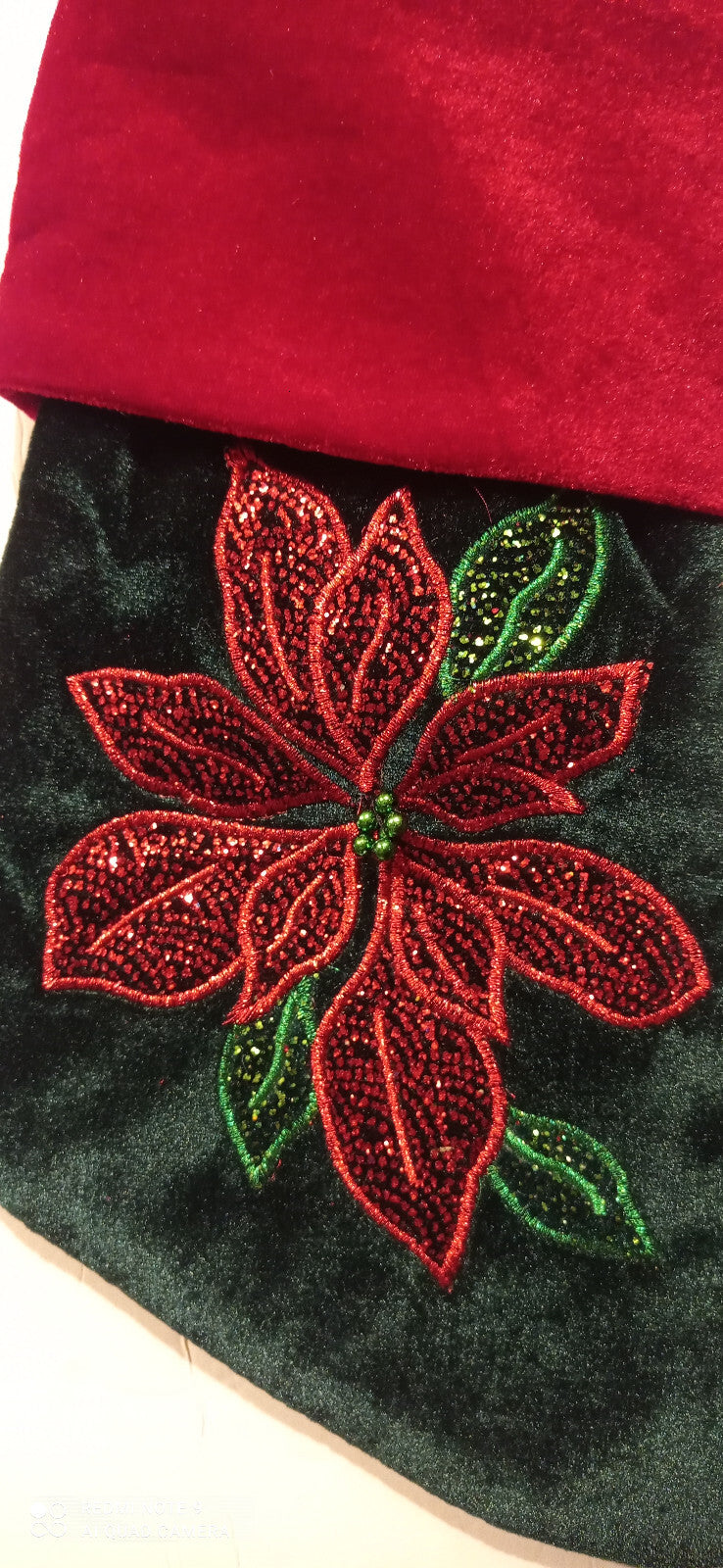 VINTAGE VELVET CHRISTMAS STOCKING POINSETTIA RED GREEN APPLIQUÉ