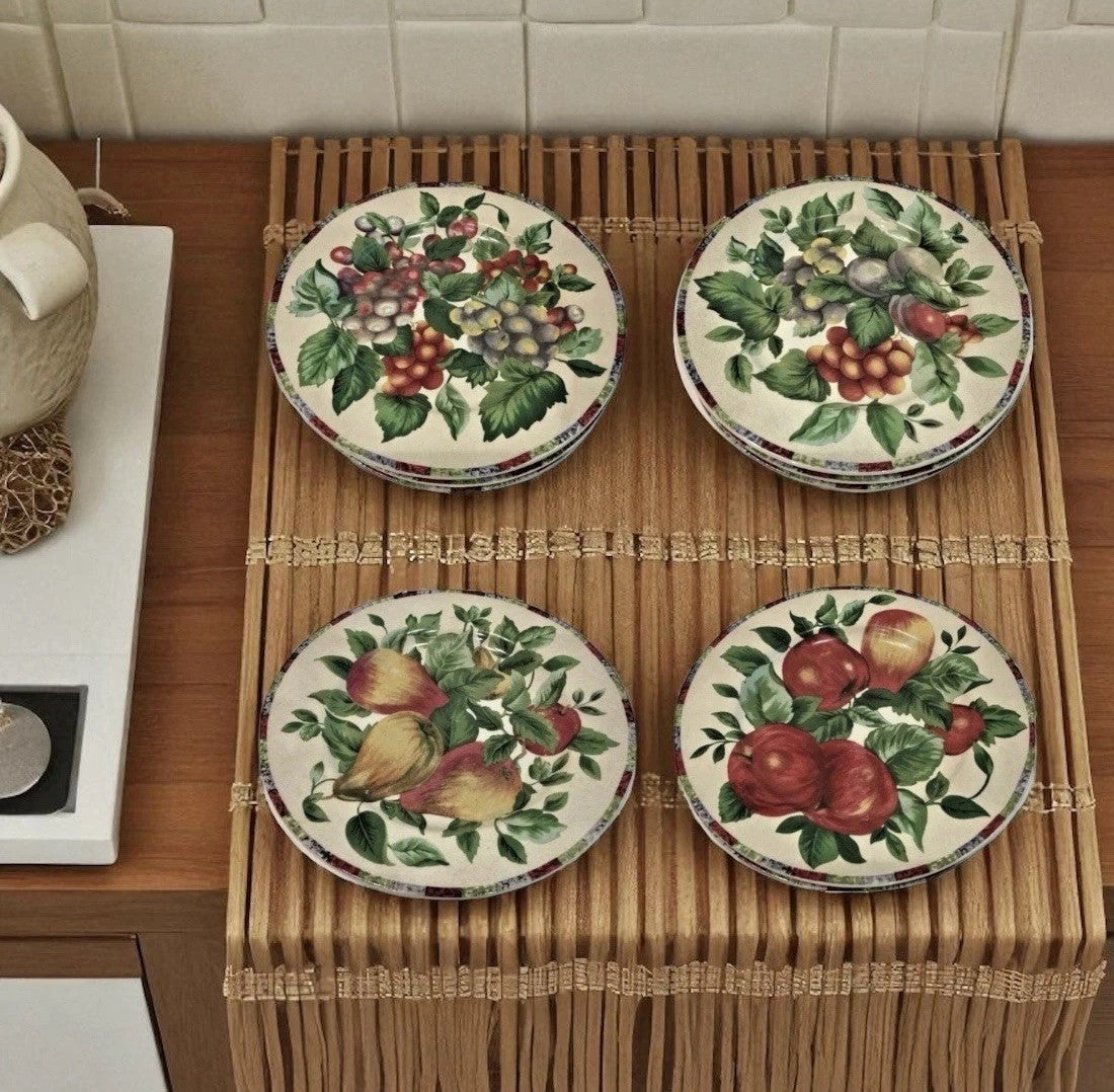 Sakura Oneida 4-Salad Plates Sonoma Excell Stoneware Fruits Design 8 1/8”D