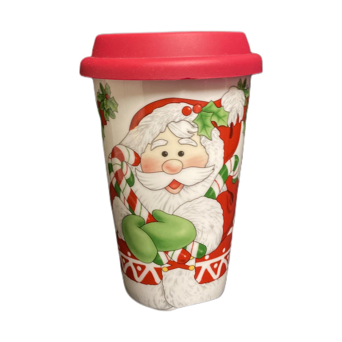 Fitz & Floyd Travel Mug Christmas CANDY CANE SANTA Holly Berry Red Silicone Lid
