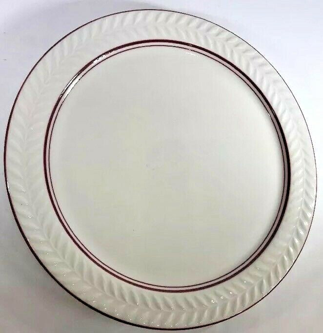 Vintage SHENANGO China 7-Dinner Plates Syracuse Embossed Laurel Red Band 10.5"D