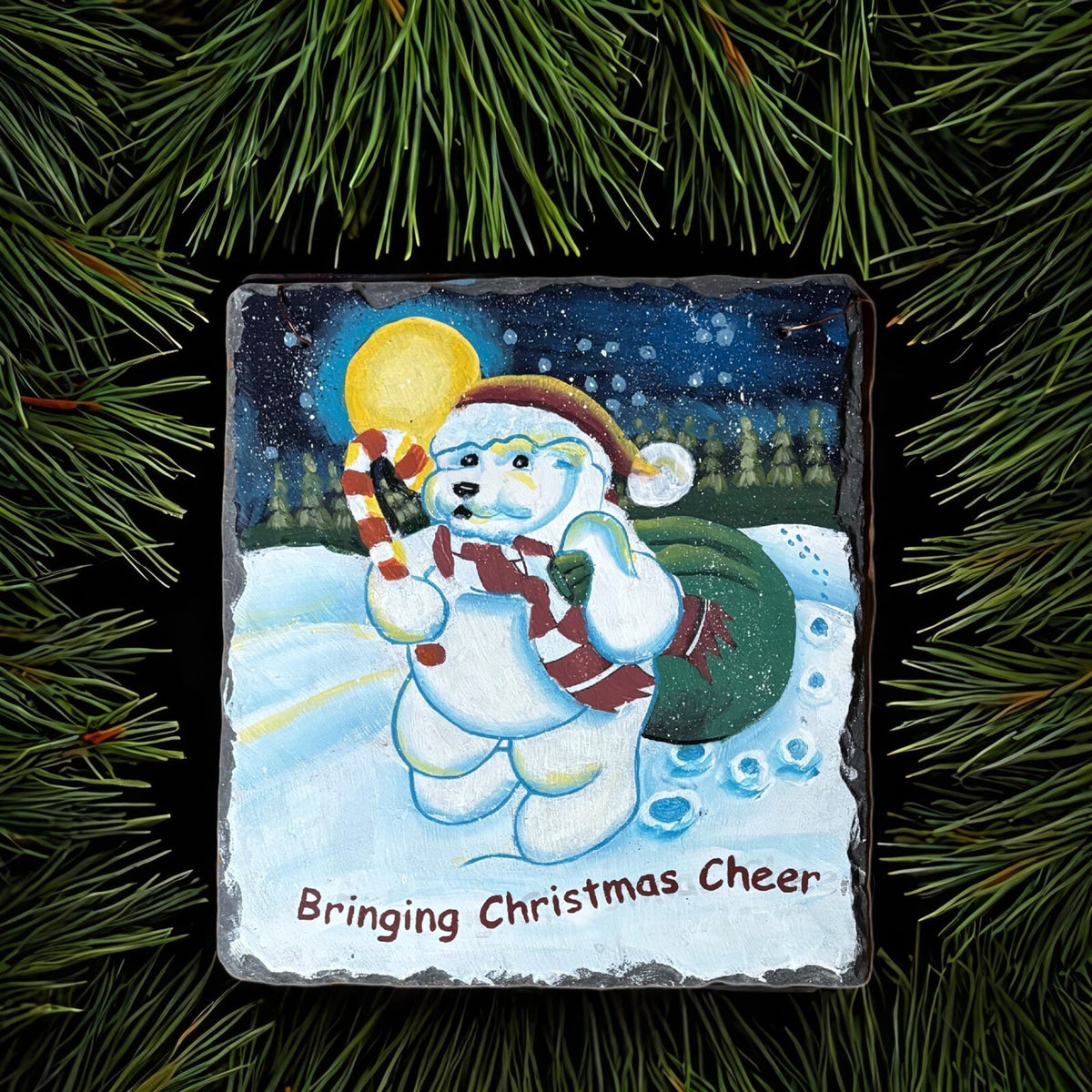 BRINGING CHRISTMAS CHEER Hand Painted Slate Hanging Home Decor Ornament Winter
