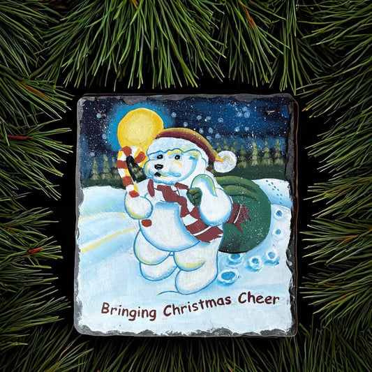 BRINGING CHRISTMAS CHEER Hand Painted Slate Hanging Home Decor Ornament Winter