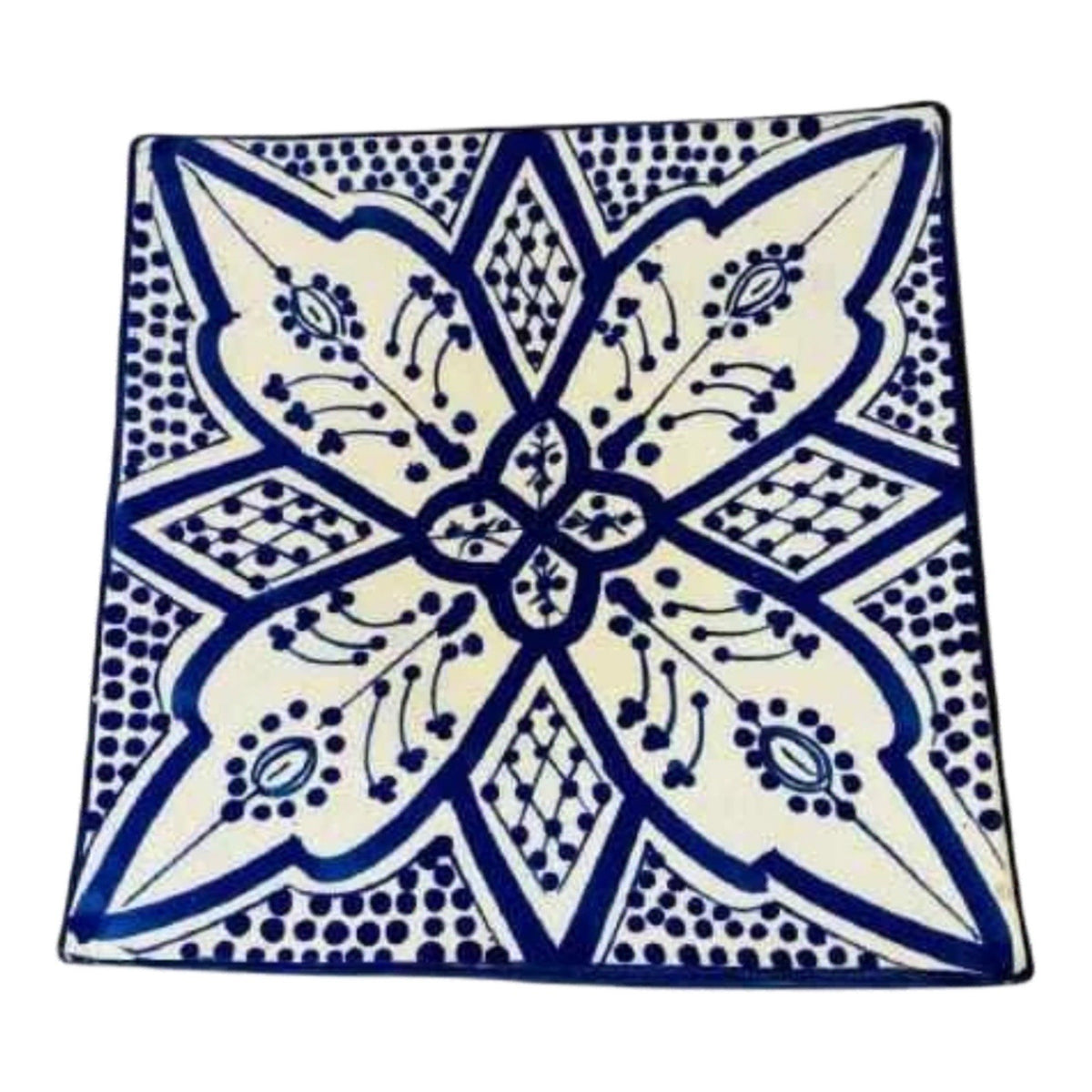 Set of 6 Moroccan Hand Painted Pottery Plates – 3 Blue, 3 Orange Square 6.5”