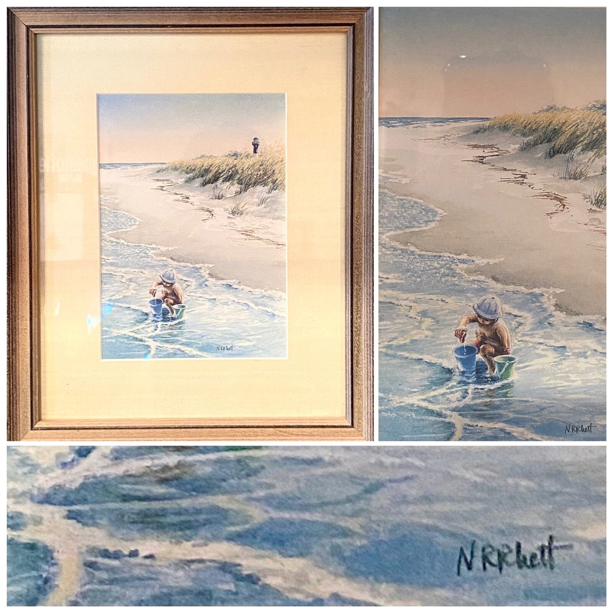 Nancy Ricker Rhett Signed Watercolor Print Child at Beach 11 x 9.5 Inches Framed