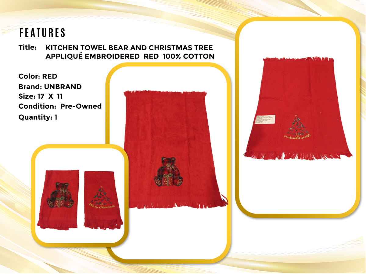 2 Towel Merry Christmas Tree & Bear Embroidered Aplique Red 100% Cotton