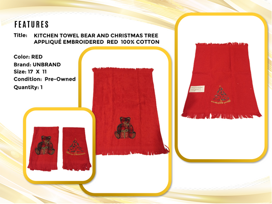 2 Towel Merry Christmas Tree & Bear Embroidered Aplique Red 100% Cotton