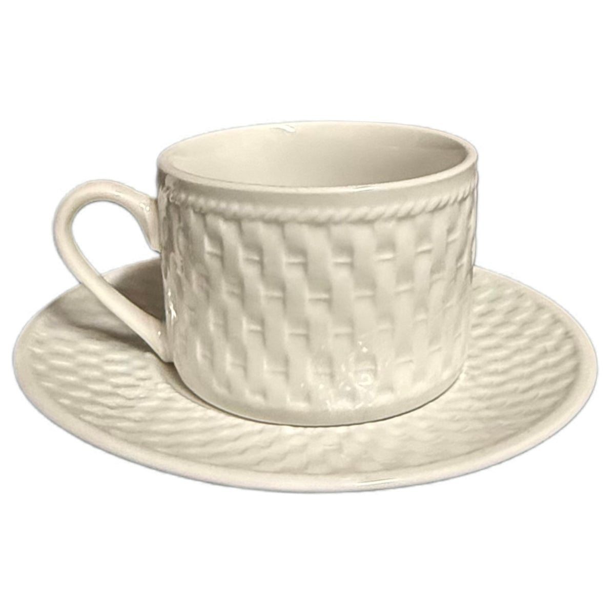 Oneida Gourmet Collection Wicker Set of 4 Cups & Saucers White Basket Weave