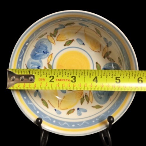 Gibson Designs CONCORDIA 3-Soup Cereal Bowls 5 7/8" D Blue Yellow Bands & Fruits