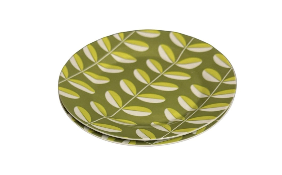 DANICA  2 Salad Plates Porcelain Appetizer Dessert Breakfast Set Green Leaves