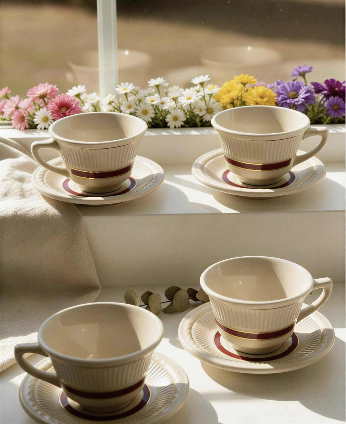 Shenango China Cups & Saucers 4-Laurel Red Gold Embossed USA Restaurant Ware