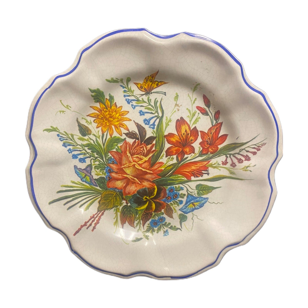 6-Italy Scalloped Dinner Plates Melamine Flowers Blue Trim Crackled Wall Hanging