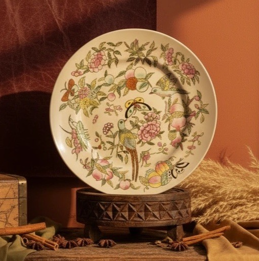 Chinese Porcelain Plates Set of 4 Floral Bird Transferware Famille Verte Style