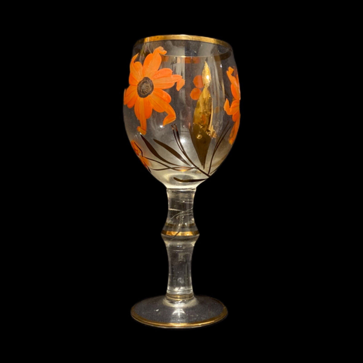 Vtg. Bohemian Romanian Handpainted 3 Floral Gold Trim Clear Cocktail Juice Glass