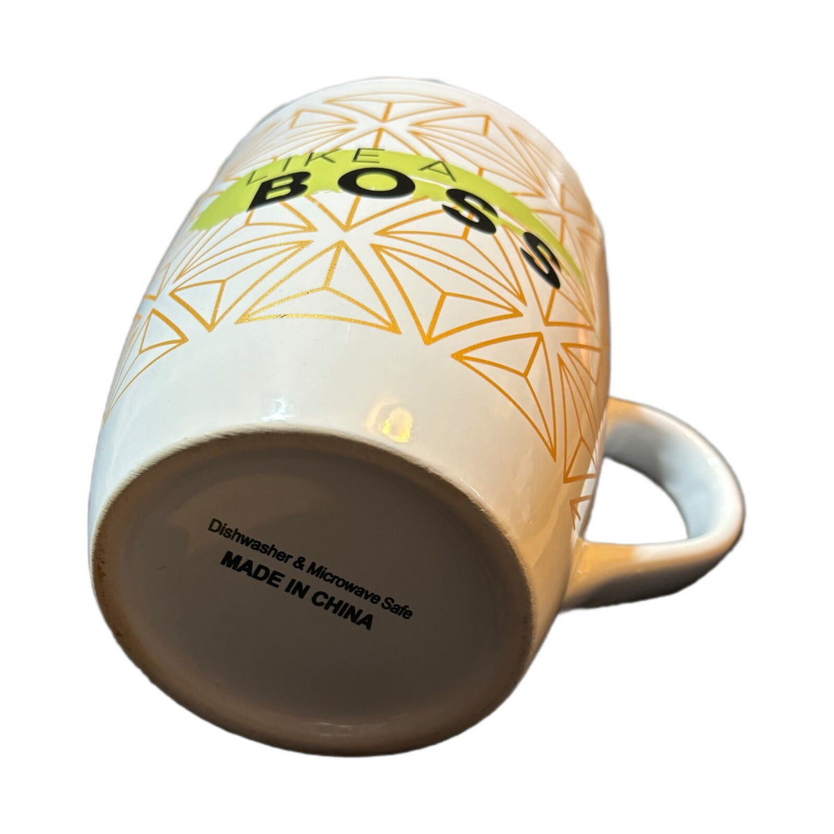 LIKE A BOSS Mug Coffee Tea Ceramic Cup White Gold Green Black Geometric 24oz