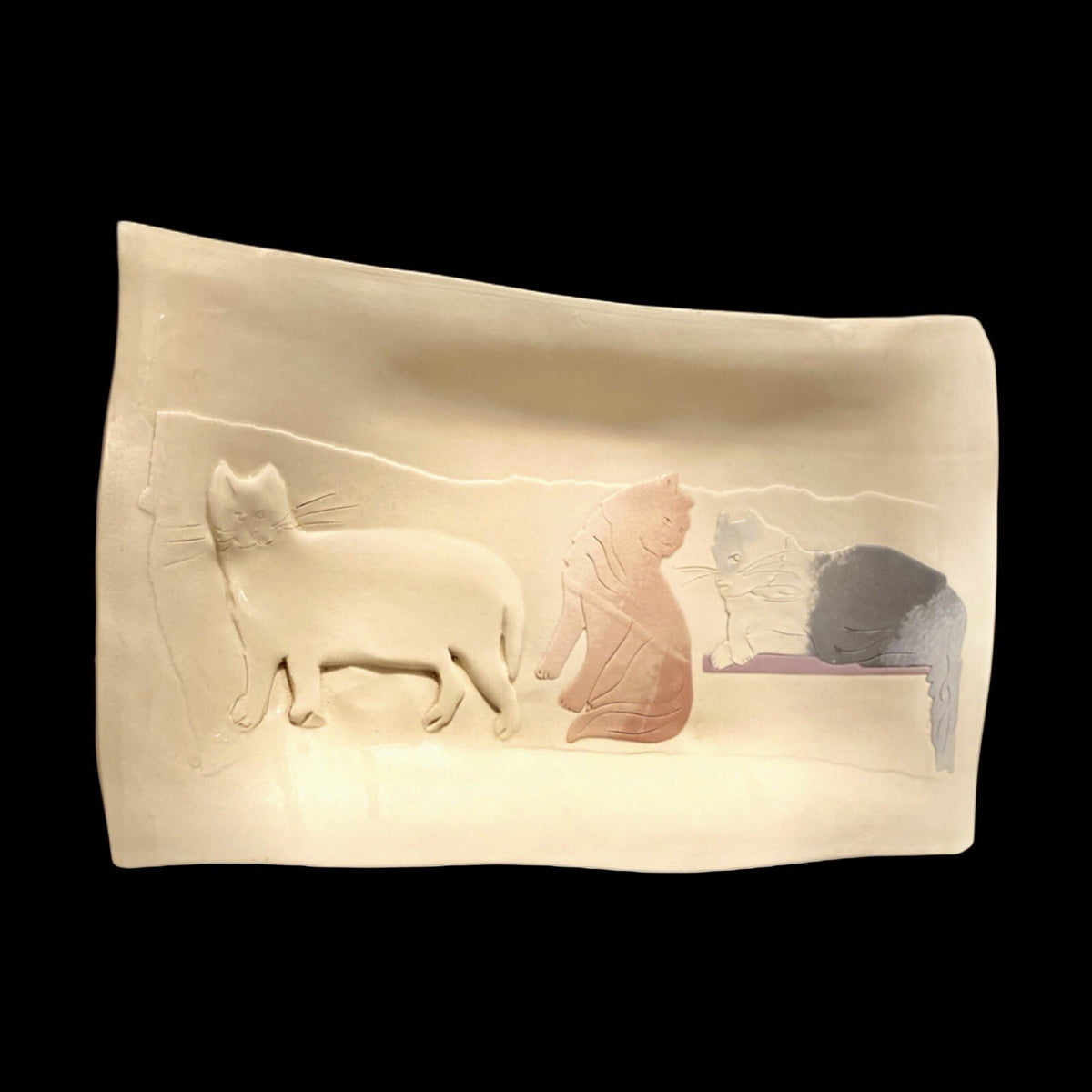 Vintage Raised Cats Platter Signed KAMRASS KIOK Embossed Clay NYC Studio Pottery