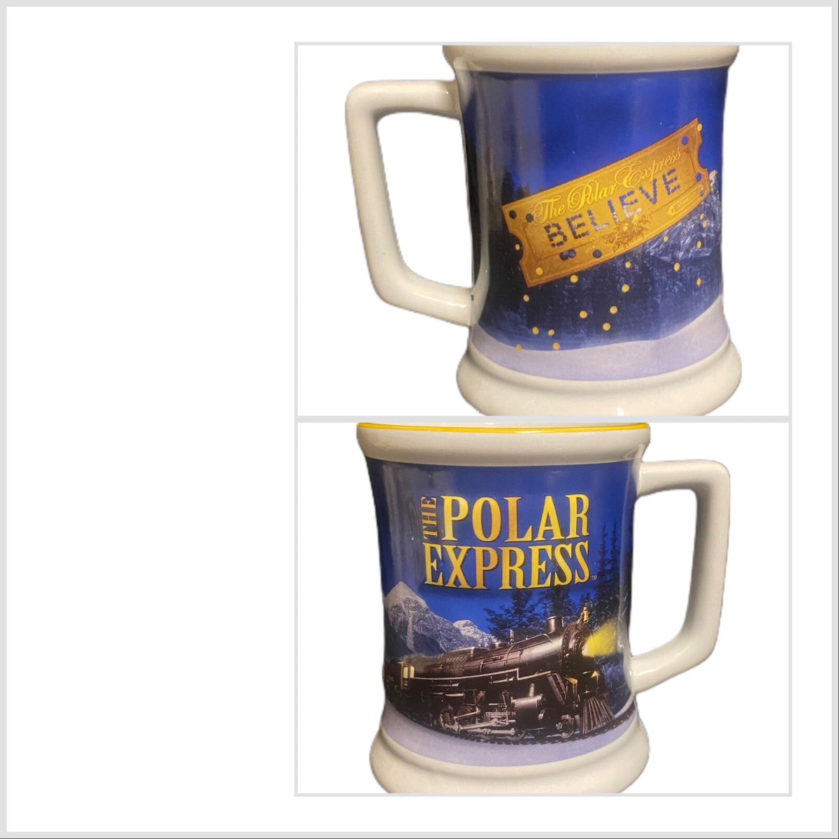 The Polar Express Blue Mug BELIEVE 3D Raised Ceramic Coffee Chocolate Cup Train