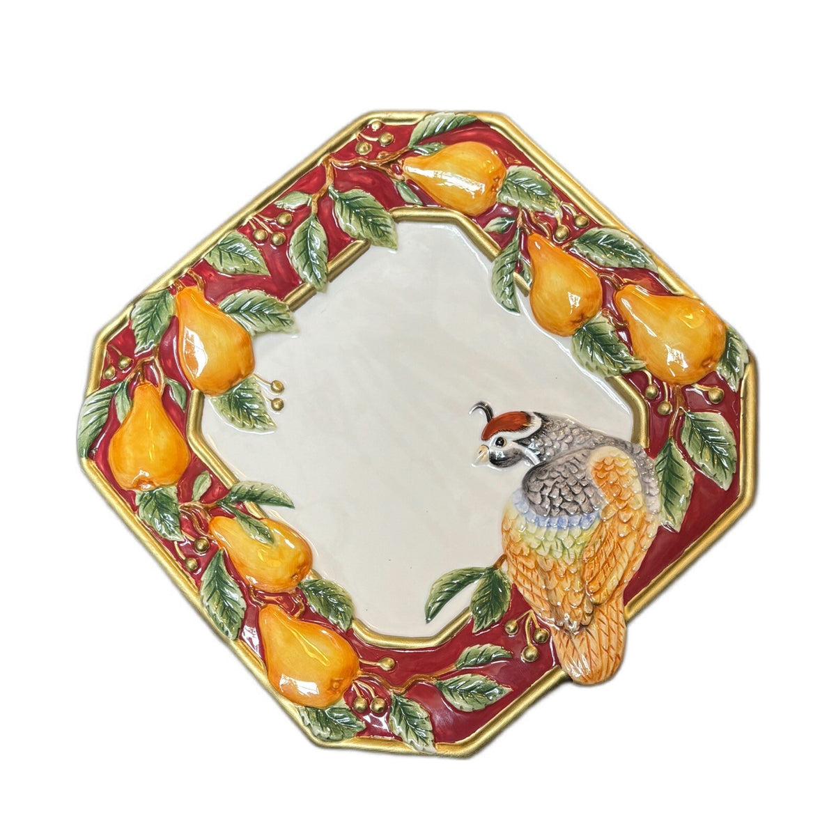 Fitz & Floyd Plate Partridge Bird Pears Canapé Wall Hanging Holiday Embossed Art
