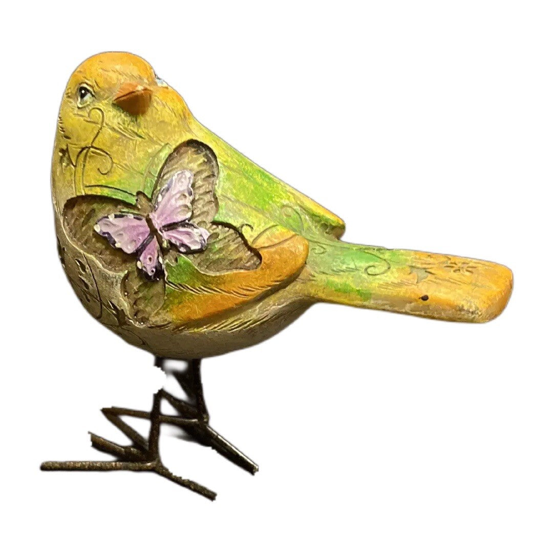 Hand Painted Ceramic Bird Figurine with Butterfly | Green Yellow Metal Accents