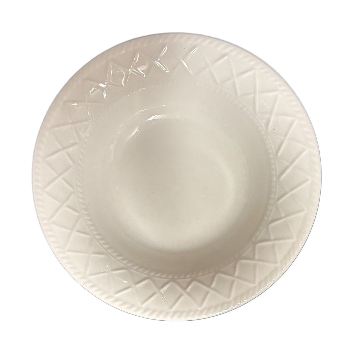 TOTALLY TODAY 6-Cereal Bowls All White Embossed Criss-Cross Border Ceramic Dish