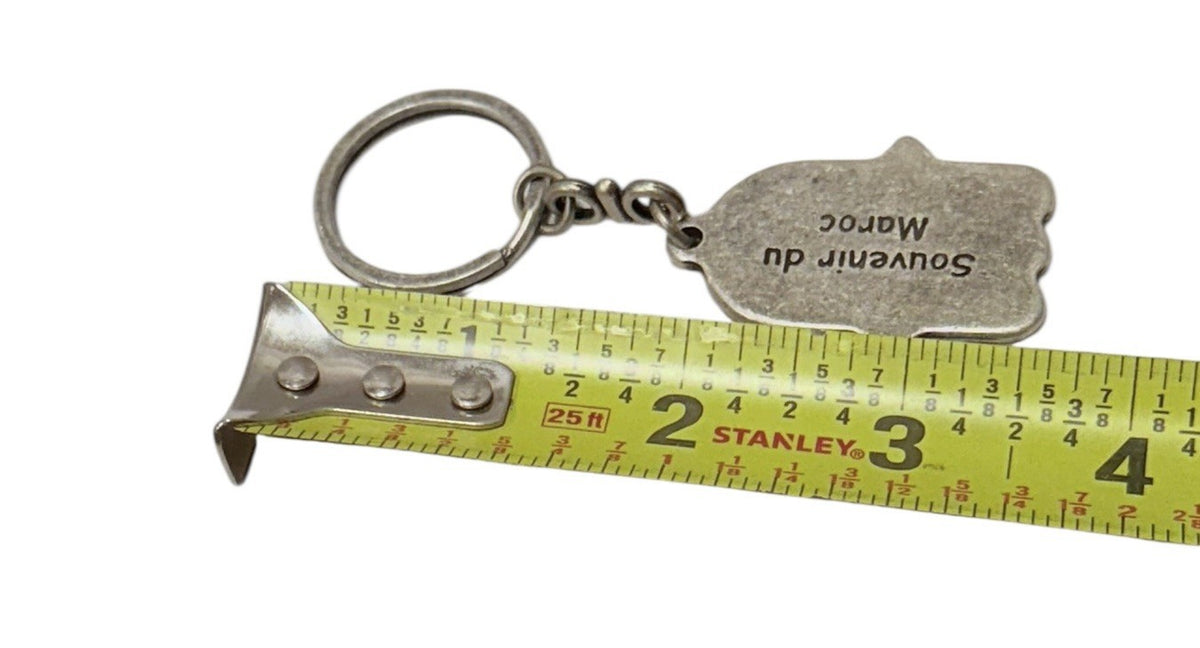 Vintage Moroccan Hamsa Hand Keychain Souvenir du Maroc Silver Tone Key Ring