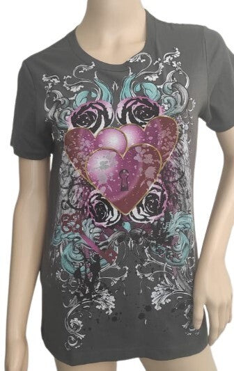 Next Level T-Shirt ABSTRACT Hearts & Flowers Graphic Neck Gray Tee MD Cotton Top