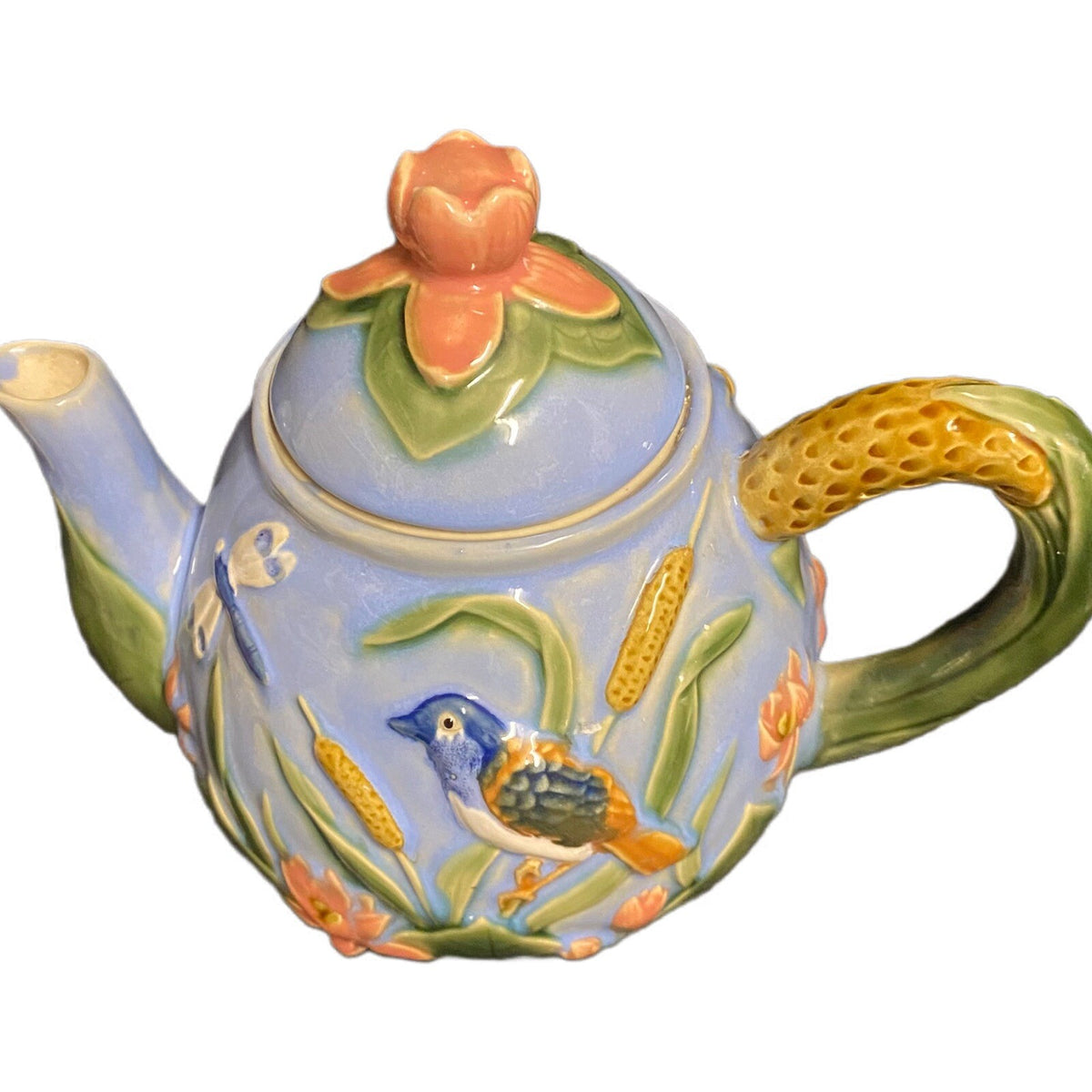 MAJOLICA Teapot Dragonflies Birds Lotus Blossom Flowers Blue Pottery Embossed