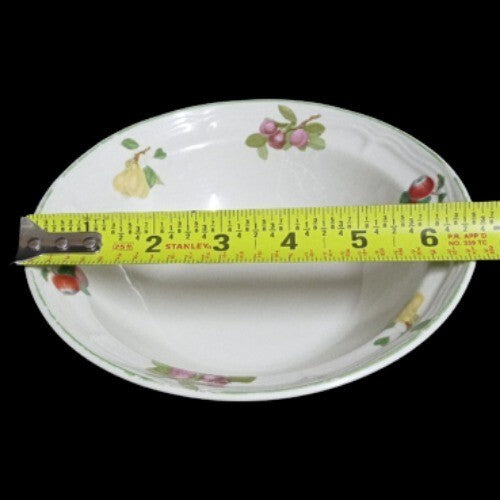 Gibson Designs ORCHARD 4-Cereal Bowl 6 ¾”D Green Trim Fruit Rim Cream Background