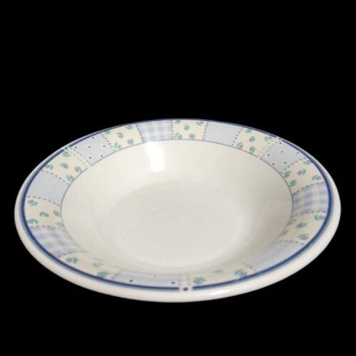 Gibson Designs HOME VALLEY 2-Soup Bowls 8” D Lilac Squares Flowers On Rim