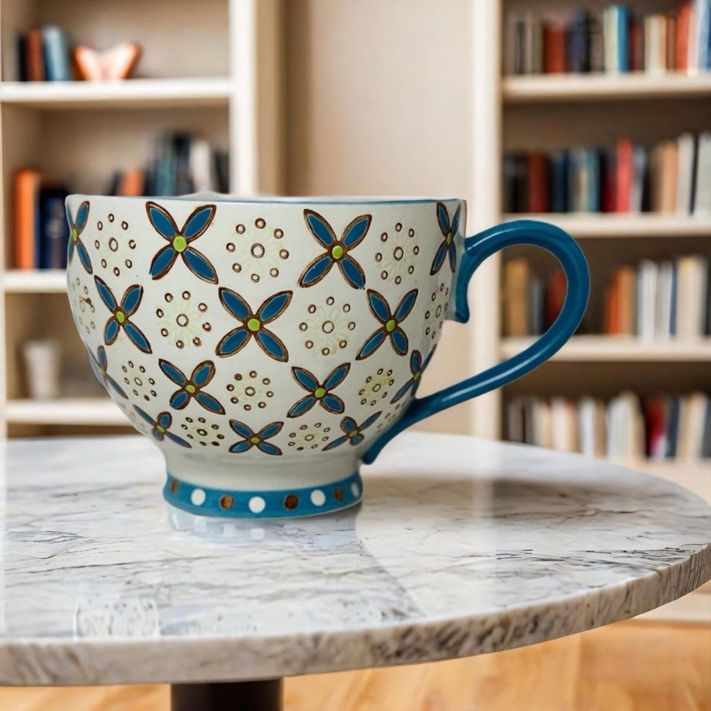 Gracie China Mug 12 oz Footed Cup Floral Off White Blue Teal Coastline Imports