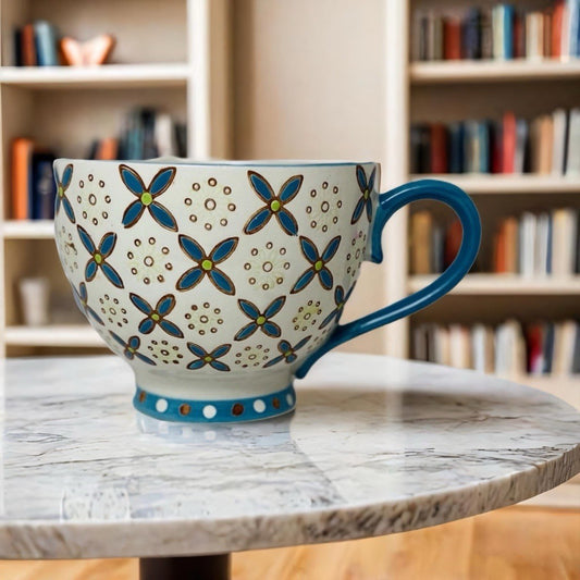 Gracie China Mug 12 oz Footed Cup Floral Off White Blue Teal Coastline Imports