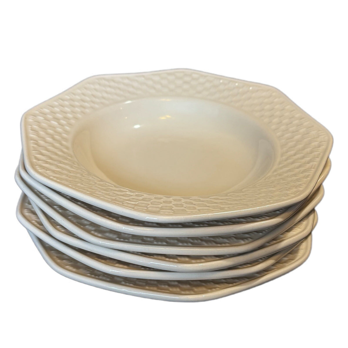 Nautica BERMUDA 6-Rim Soup Bowls Rattan Basket Weave Border Portugal Ceramic 9"D