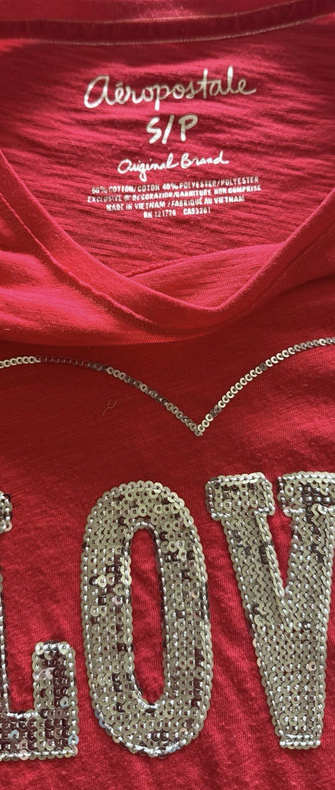 Aeropostale Girls Red Sequin LOVE Long Sleeve Shirt Heart Graphic Top S/P