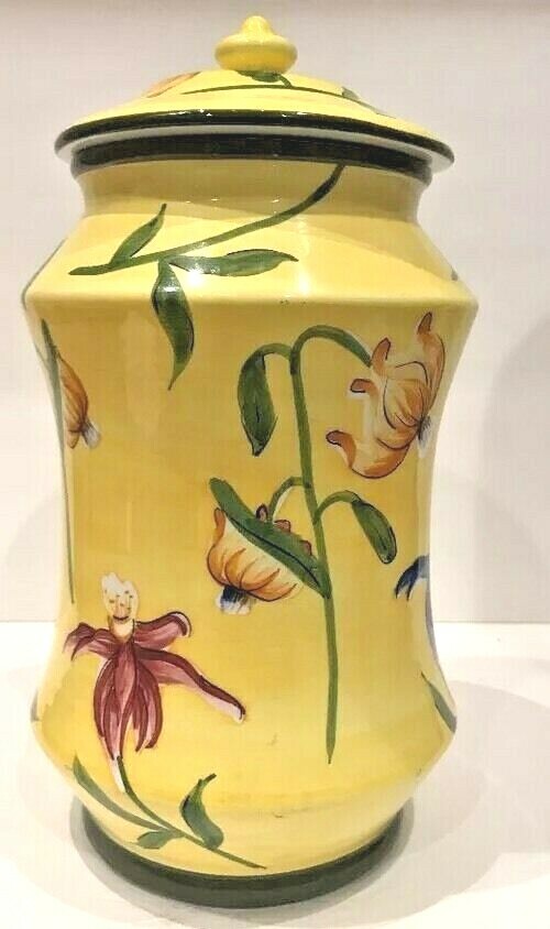 Nonni's Biscotti Cookie Jar & Lid Handmade Ceramic Floral Yellow Canister 12.5"H