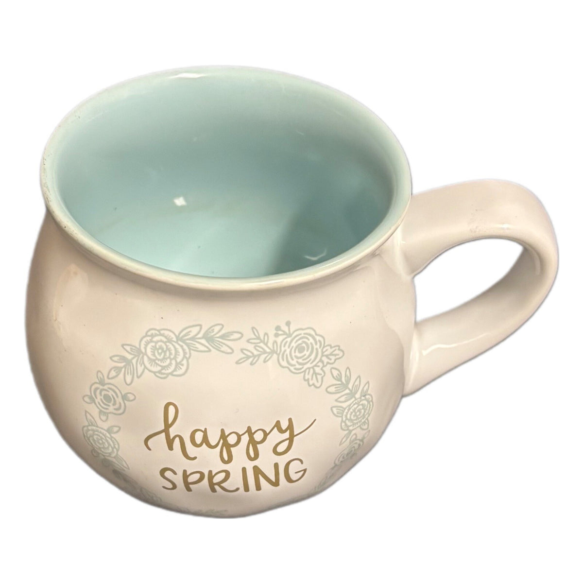 Threshold Mug HAPPY SPRING Coffee Tea Cup Target Stoneware White Gold Blue