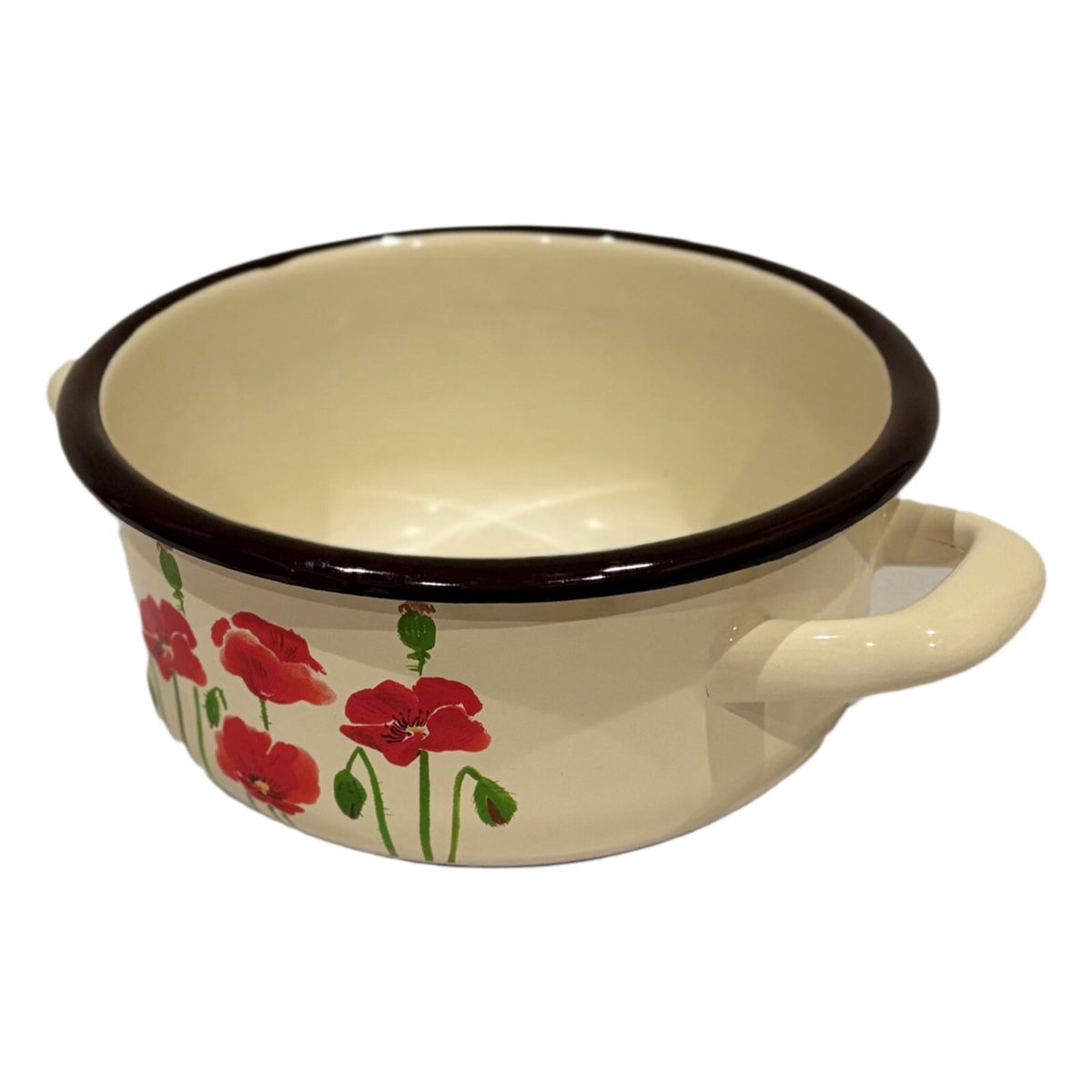 EMALIA OLKUSZ Cooking Pot 1907 Red Floral Cream Enamelware Handles Black Trim