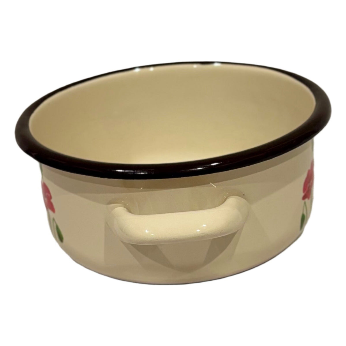 EMALIA OLKUSZ Cooking Pot 1907 Red Floral Cream Enamelware Handles Black Trim