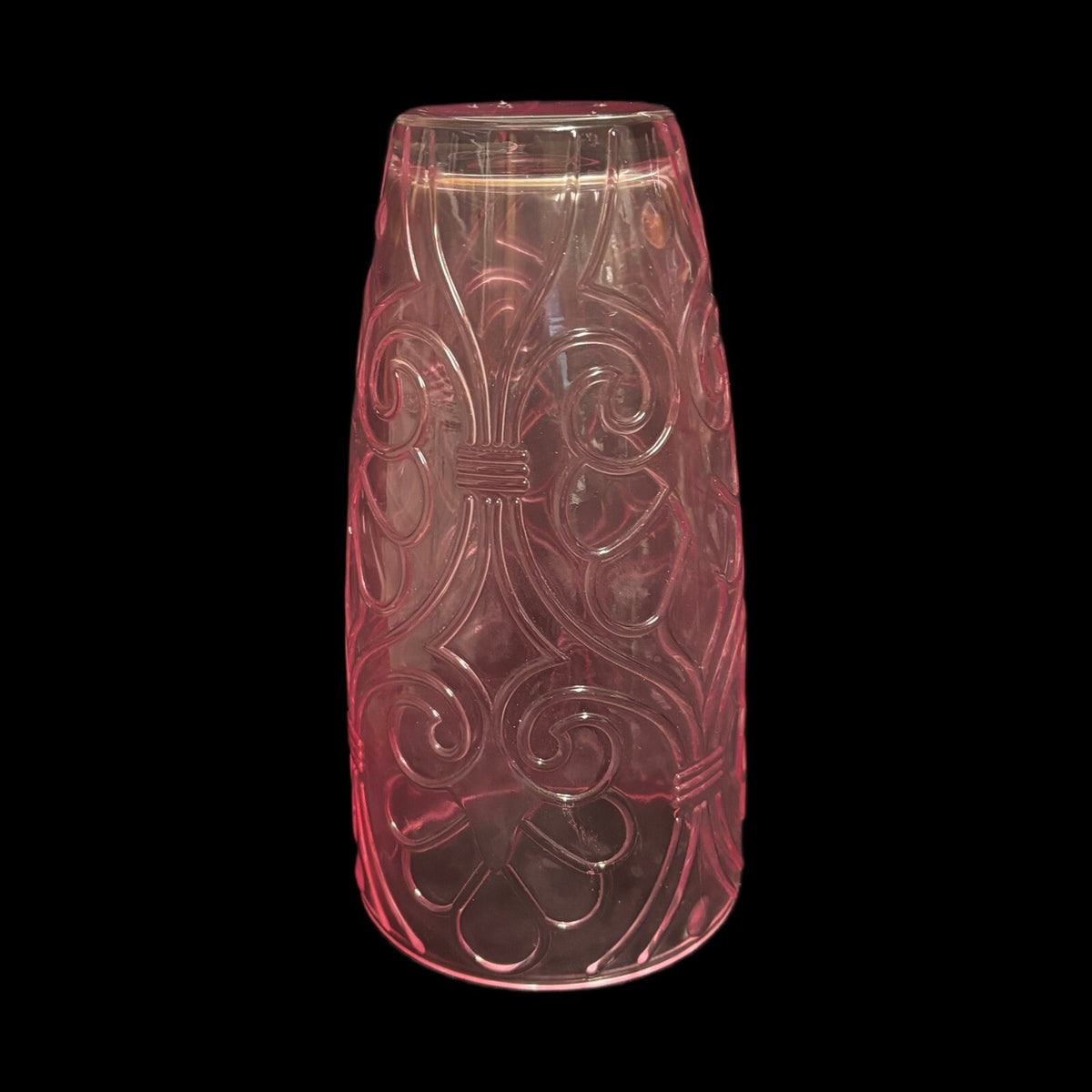 PINK VASE Tall Glass Intricate Molded Designs Pressed Glass