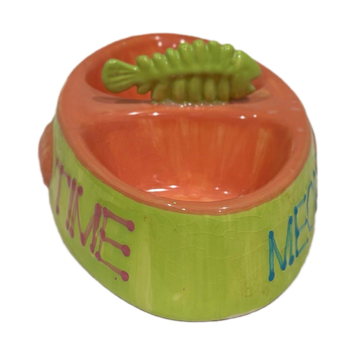Rare Kitty Cat MEOW TIMEDouble Food Water Bowl Stoneware Dish Fish Handle