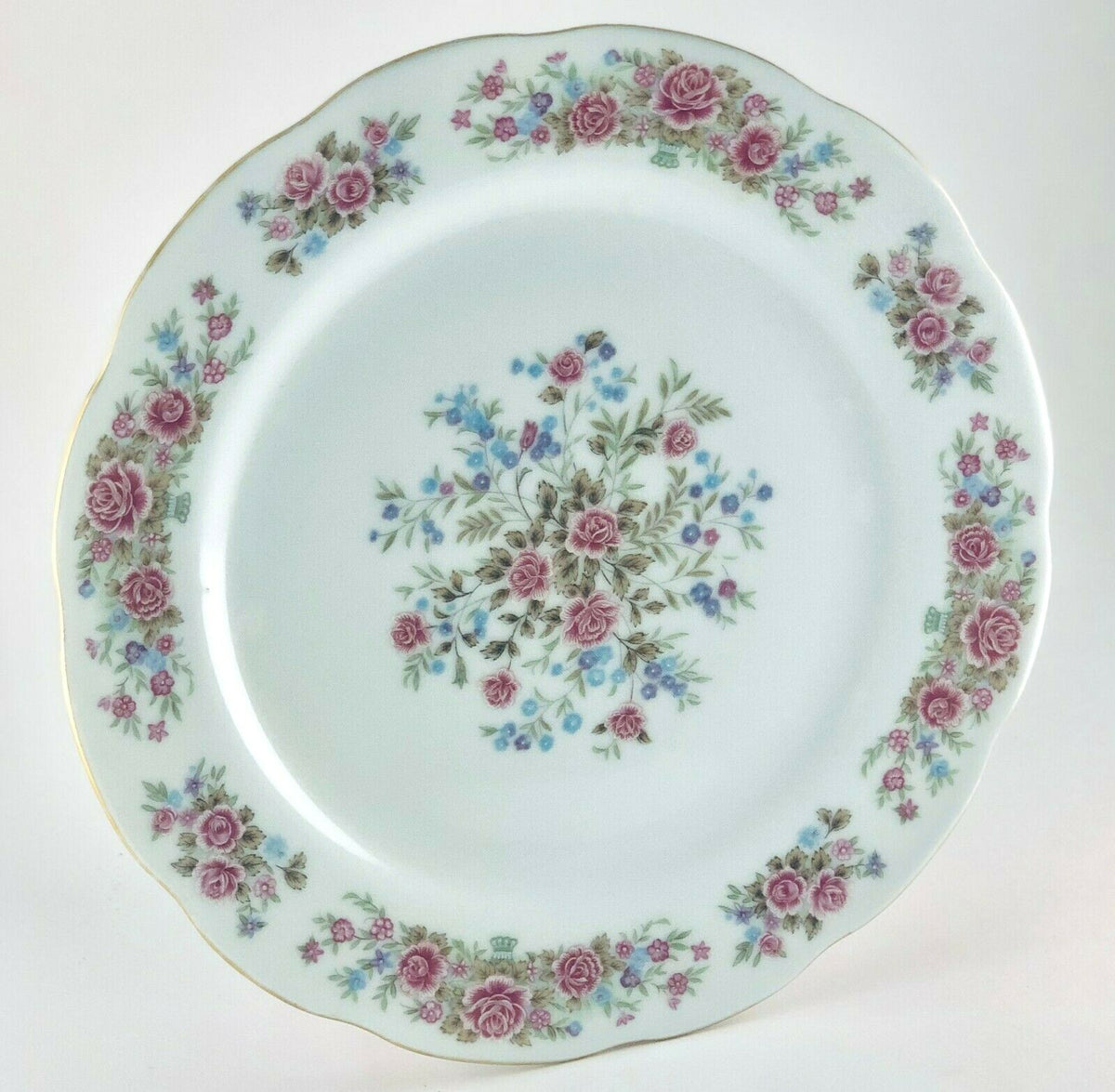 REMINGTON Fine China By Red Sea Pink Roses Blue Flowers Gold Trim Dinnerware