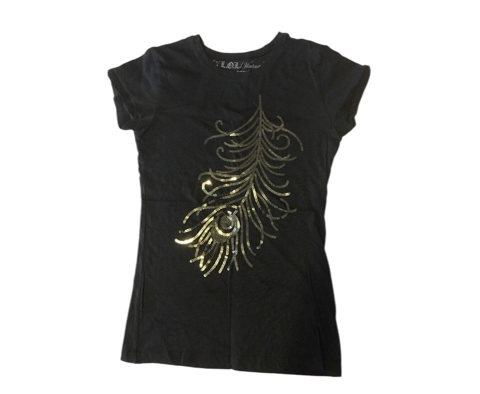 LOL Vintage Women’s Large Black T-Shirt ✦ Gold Sequin Peacock Feather Design Top