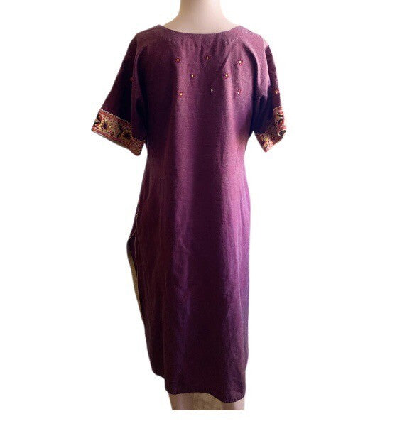Women Embroidered Dress Kurti Indian Embellished Mirrors Tunic Top Purple Kurta