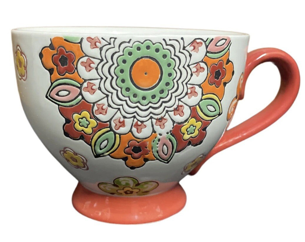 Tabletops Gallery ROBIN Hand Painted Footed Coffee Mug Embossed Paisley Floral