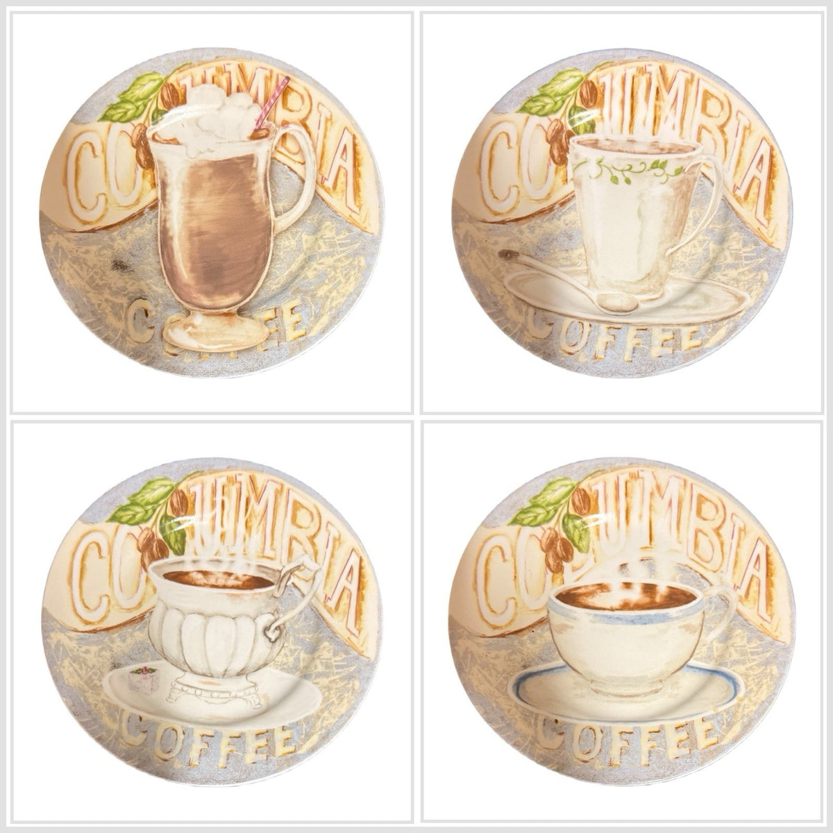 American Atelier COLUMBIA 4 Salad Plates Assorted Coffee Team Dessert Porcelain