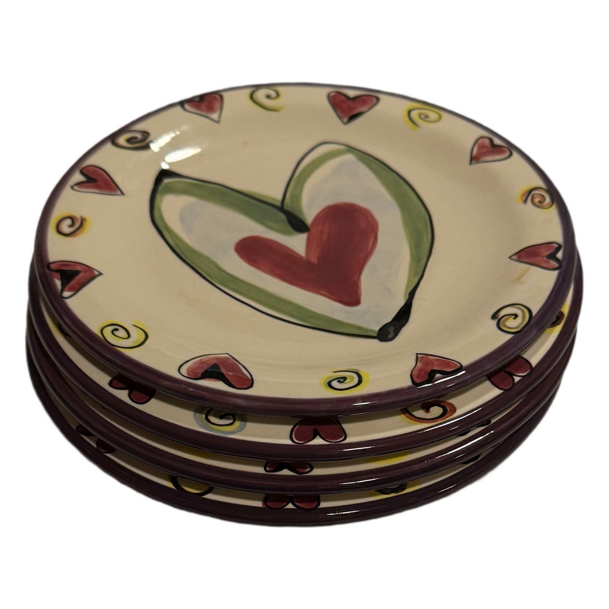 TIKA Home ETC Hand Painted Heart Plates Set of 4 Colorful Ceramic 8.5” EUC