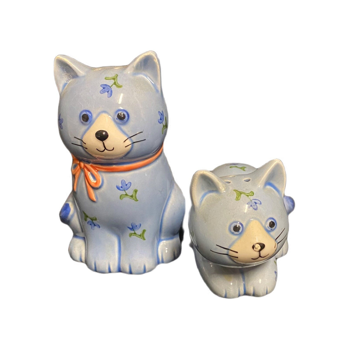 Vintage Otagiri Salt & Pepper Shakers Whimsical Blue Cat & Flowers Ceramic Japan