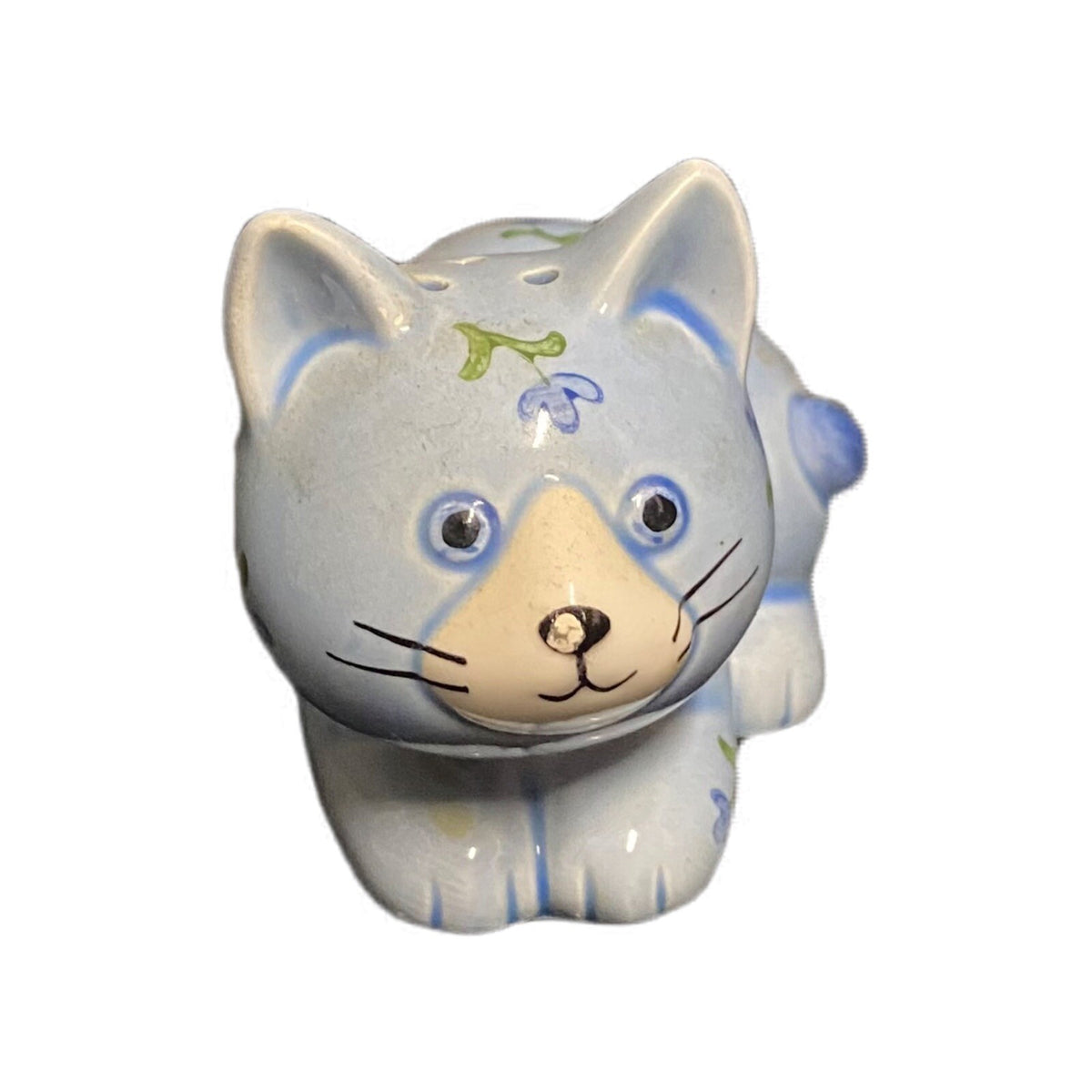 Vintage Otagiri Salt & Pepper Shakers Whimsical Blue Cat & Flowers Ceramic Japan