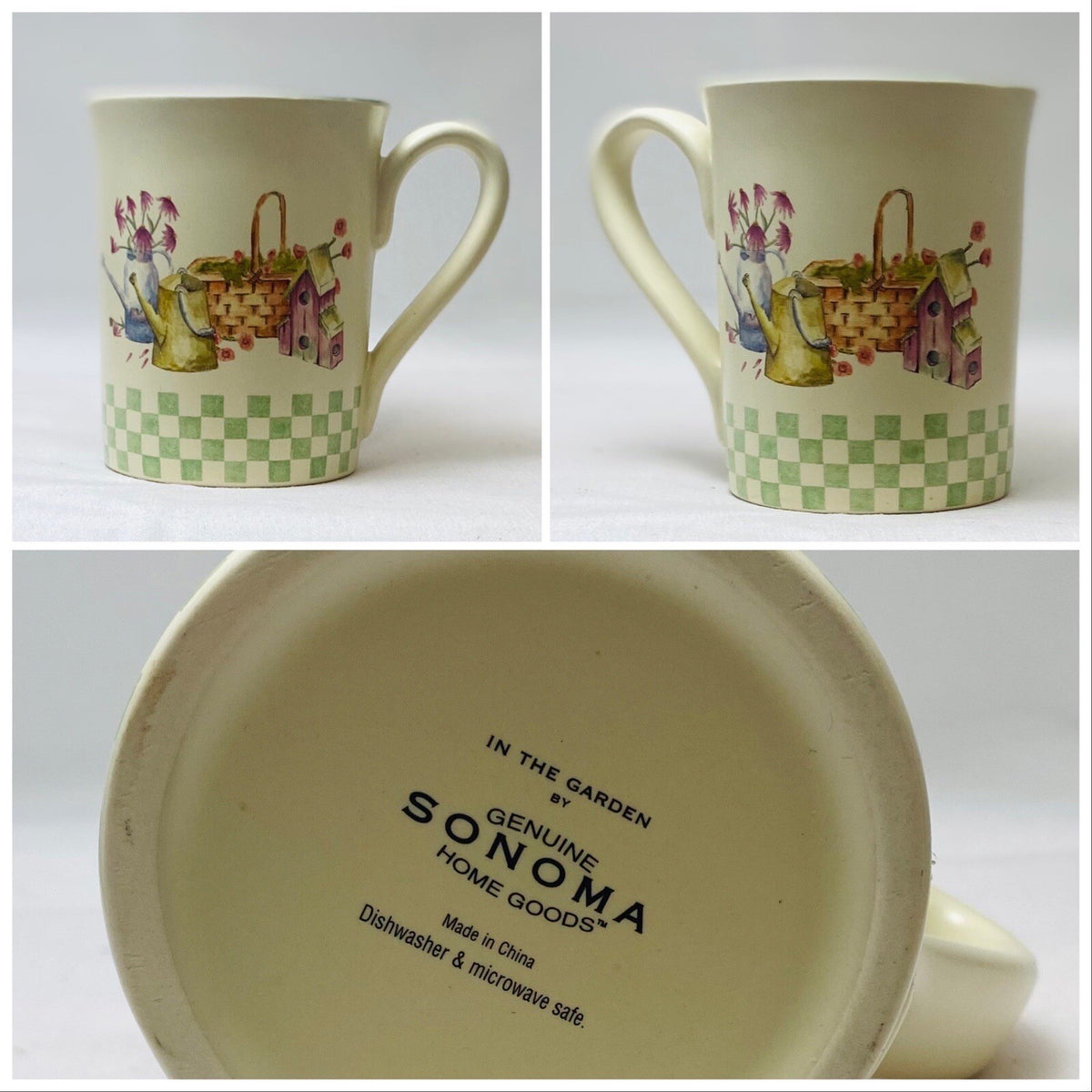 Sonoma In The Garden Mug Green Check Birdhouse Watering Can Coffee Cup