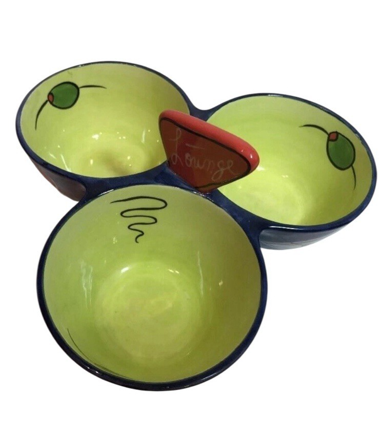 Clay Art Martini Lounge 3 Section Chip Dip Snack Serving Bowl